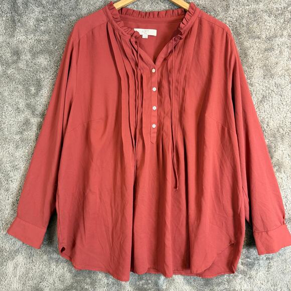 Loft PLUS Size 22 Coral Pintuck Pleated Peasant Blouse Top Popover Button Down - Picture 1 of 10